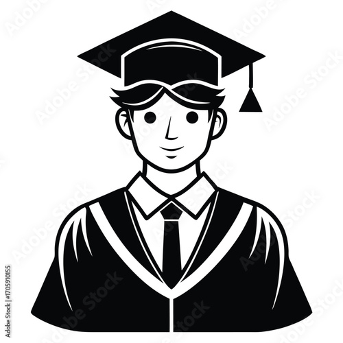 Smiling graduate in cap and gown showcases achievement in monochrome artistic presentation