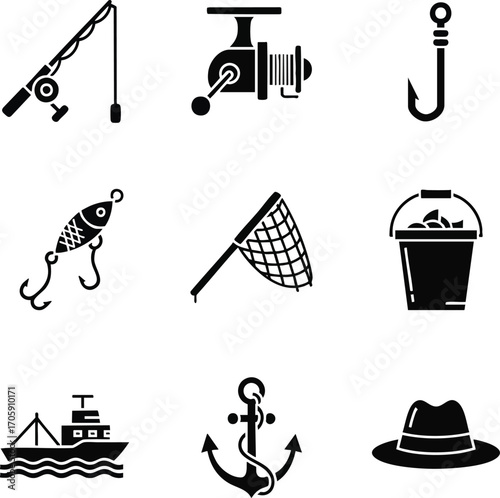 A diverse set of black silhouette vector icons for fishing and nautical themes