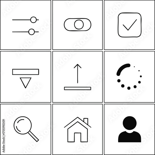 A grid of essential minimalist vector user interface icons for modern digital applications and web design