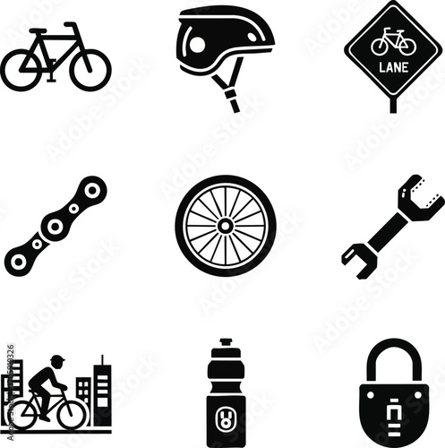 A set of bicycle-related icons in a bold, modern style