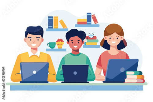 Three diverse young adults use laptops at a desk filled with books and food