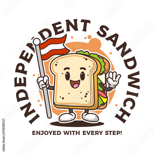 A charming cartoon sandwich mascot character with a joyful expression, proudly holding a flag. This vintage-style food illustration is perfect for branding