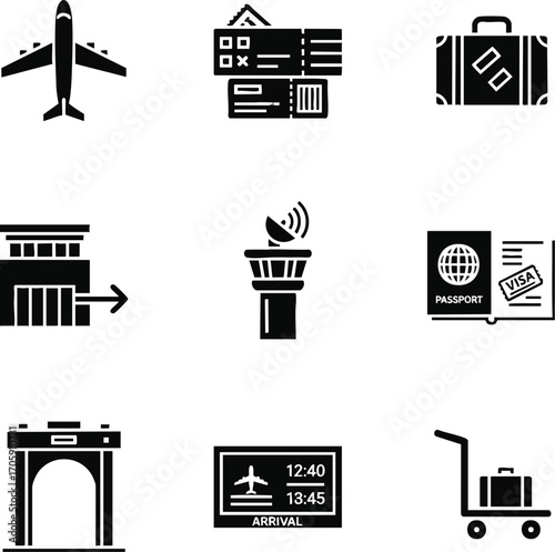 A set of black silhouette vector icons representing airport and air travel elements