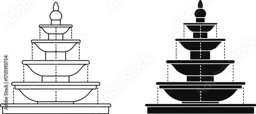 Elegant tiered fountain with cascading water details, presented in outline and silhouette