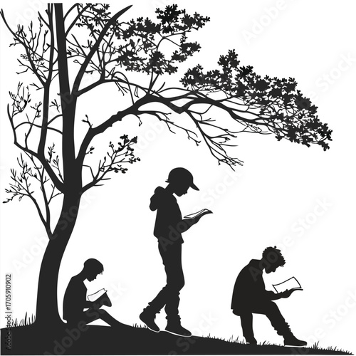 Underneath the tree's shade, three diverse young students are each absorbed reading their own book