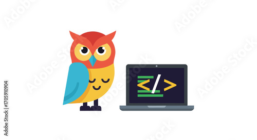 Cartoon Owl Character Standing Beside a Laptop Displaying Code.