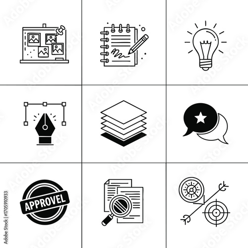 A set of nine black and white vector icons depicting design, ideas, approval, and goals