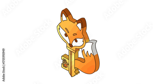 Adorable cartoon fox character perched on a golden key.