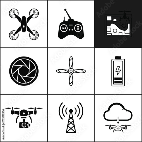 A vector icon set illustrating modern drone technology