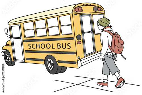 Student with backpack approaches the yellow school bus near crossing, ready for learning experience