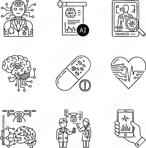 AI in Medicine: Line icons depicting artificial intelligence applications in healthcare, including diagnosis, smart pills, remote monitoring, and drone delivery