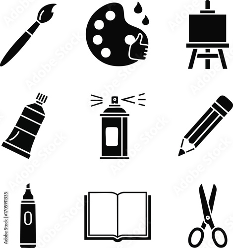 Art supplies vector icon set. Includes paintbrush, palette, easel, paint tube, spray can, pencil, marker, open book, and scissors
