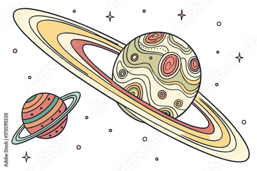 Striped cartoon planet displays floating stars and vibrant rings over a white backdrop