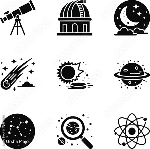 Astronomical icons depicting space exploration, including telescopes, celestial objects, and scientific symbols