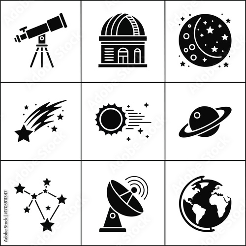 Astronomy icon set illustration. Includes a telescope, observatory, moon, comet, sun, planet, constellation, satellite dish, and earth