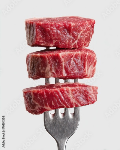 Three raw, red meat medallions are stacked on a silver fork against a bright white background, showing visible muscle fibers and marbling