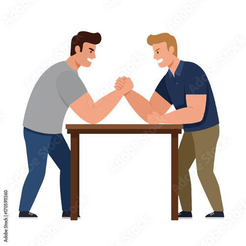 Vintage-style illustration of two men engaged in arm wrestling over a table with a bold and competitive mood.