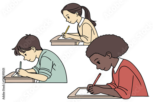 Diverse students are writing at desks together with focused expressions in a learning environment
