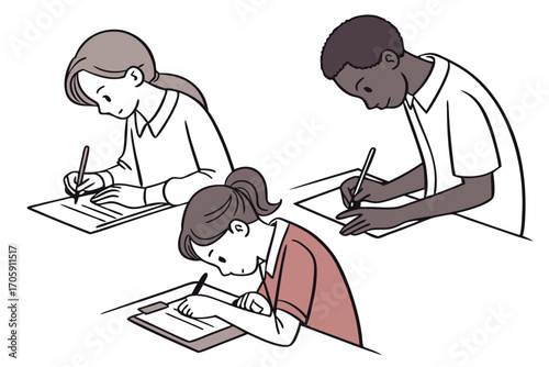 Three diverse students intently write on their papers, focusing on their work with great concentration