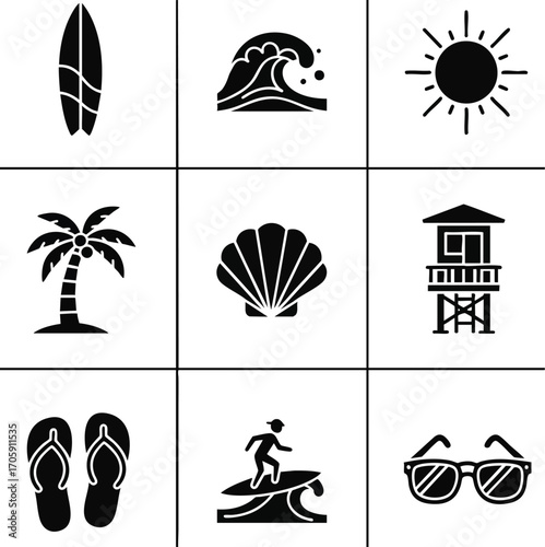 Beach vacation icons set illustration. It shows summer activities, coast elements. Silhouette design style