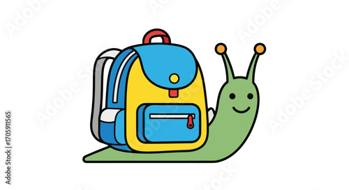 A cute cartoon snail character carrying a colorful blue and yellow school backpack instead of a shell.