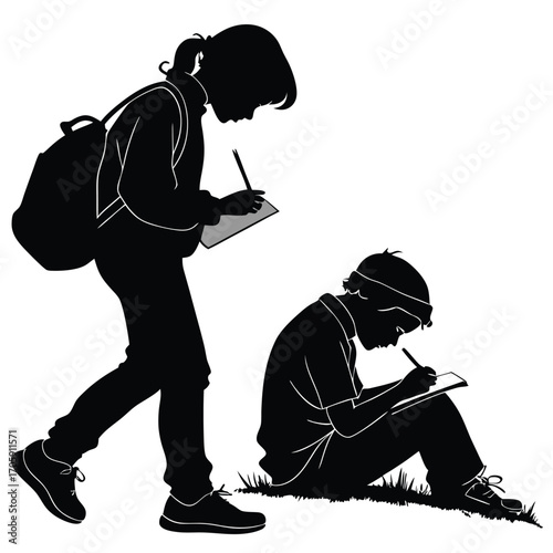 Two young people drawing outside in black silhouettes, both holding pencils and notebooks in their hands