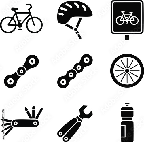 Bike icons set. Includes a bicycle, helmet, sign, chain, wheel, multitool, wrench and water bottle