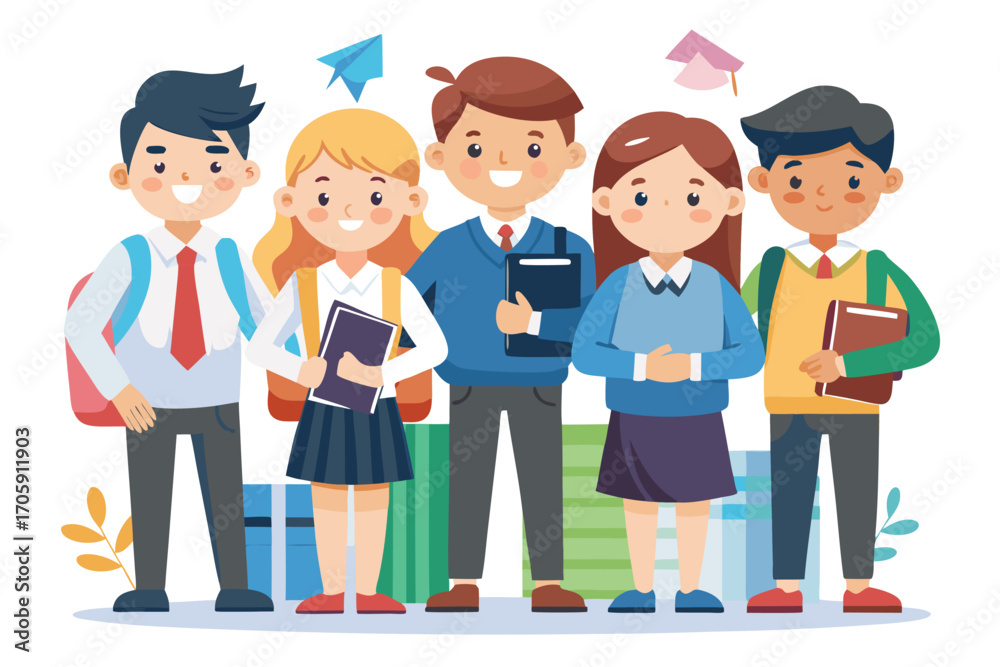 Fototapeta premium Diverse cartoon students stand together holding books against a stack of school supplies, smiling