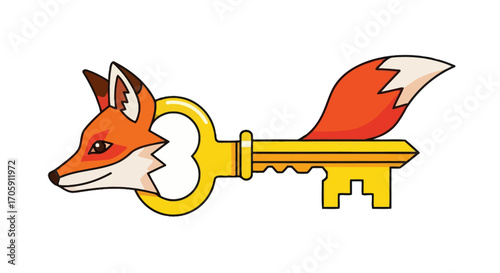A clever and stylized cartoon illustration of an orange fox integrated with a golden key.