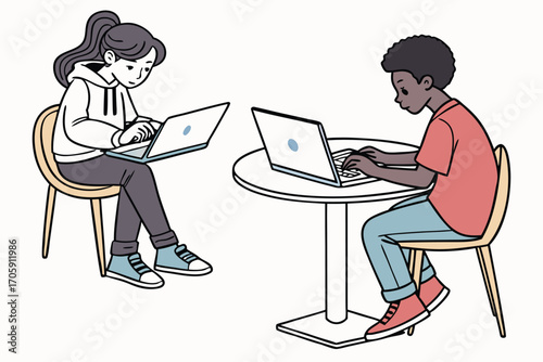 Young woman and boy typing on laptops while sitting at separate tables nearby