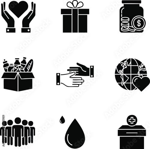 Black and white icon set representing charity, volunteering, and humanitarian aid