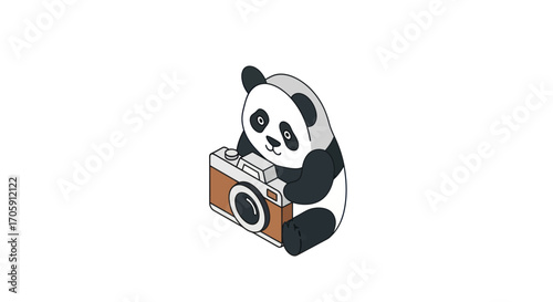 A cute cartoon panda bear holding a vintage-style camera isometric vector illustration.