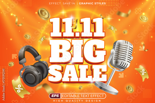 Editable 3d text effect 11.11 big sale with mic and headphone for e commerce poster design template
