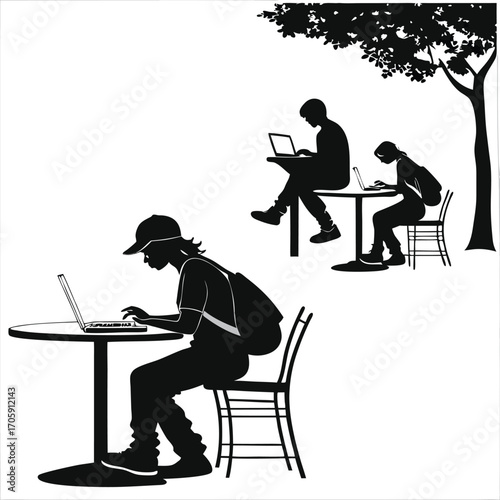 Silhouetted people work on laptops at tables under a stylized tree, enjoying an outdoor workspace