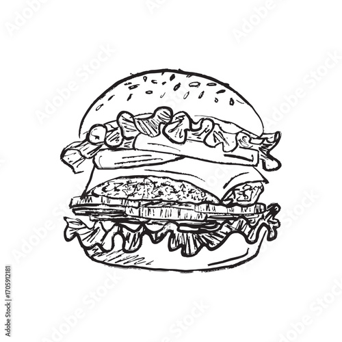 Hamburger drawing with cheese, salad leaf, beef cutlet sesame in black brush stroke texture isolated on white. Hand drawn vector sketch illustration in vintage charcoal ink. Print design, logo, menu.