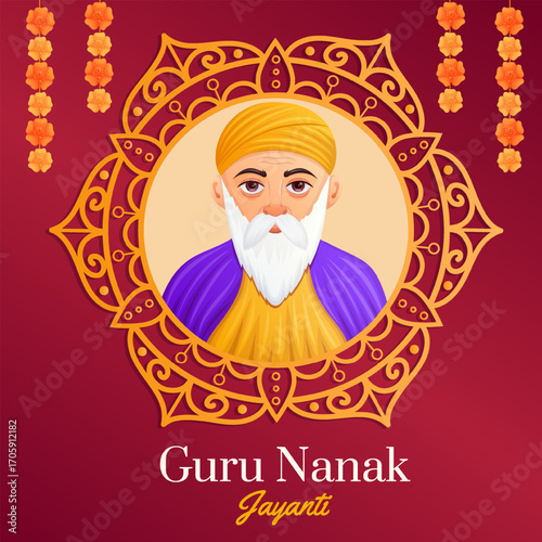 Guru Nanak Jayanti festival banner with decorative mandala frame and floral garlands. Sikh celebration and greeting card design.