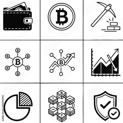 Black and white line icons for Bitcoin, cryptocurrency, and blockchain concepts