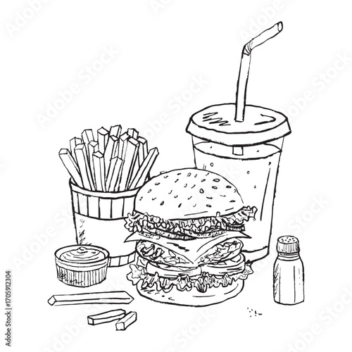 Hand drawn fast food meal design with french fries, cheeseburger, soda and sauce. Vector sketch illustration in vintage crayon style. Fast food menu design.
