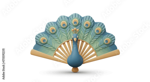 Elegant Peacock-Shaped Hand Fan Teal and Gold Hues.