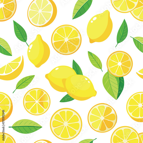 Vector art of seamless pattern of yellow lemons and green leaves, citrus fruit illustration transparent background