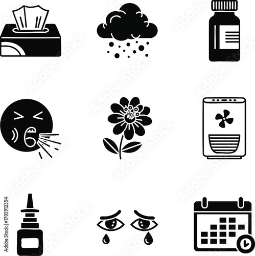 Black and white vector icons depicting allergy symptoms, causes, and remedies. Includes sneezing, pollen, medicine, and an air purifier