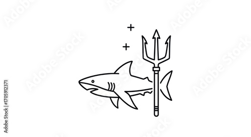 Minimalist black line art of a shark swimming next to a Poseidons trident.