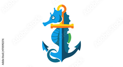 Stylized Blue Seahorse Integrated with a Gold Anchor Design.