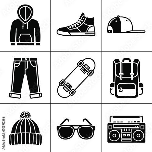 Black and white vector icons depicting urban streetwear fashion and youth culture essentials. This set is perfect for contemporary design projects
