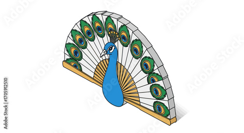 A colorful illustrated hand fan designed in the shape of a beautiful peacock with fanned feathers.
