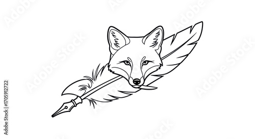 Elegant line art illustration of a clever fox head holding a vintage quill pen.