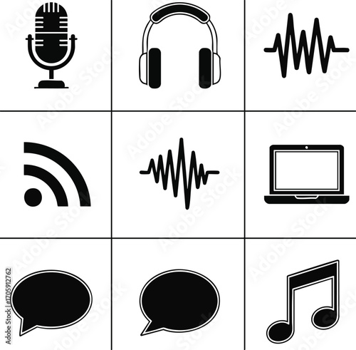 Black and white vector illustration of podcasting icons
