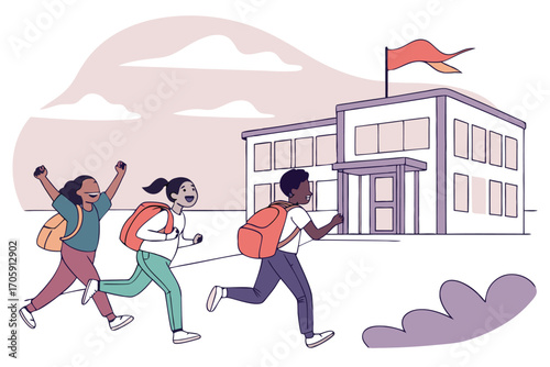 Smiling multiethnic students wearing backpacks are joyfully running towards the school building