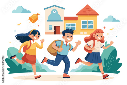 Three joyful students with backpacks are energetically running near leafy plants toward school building