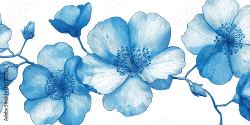 Watercolor blossoms adorn a white background. Delicate blue petals form open blooms and budding flowers connected by a fragile stem